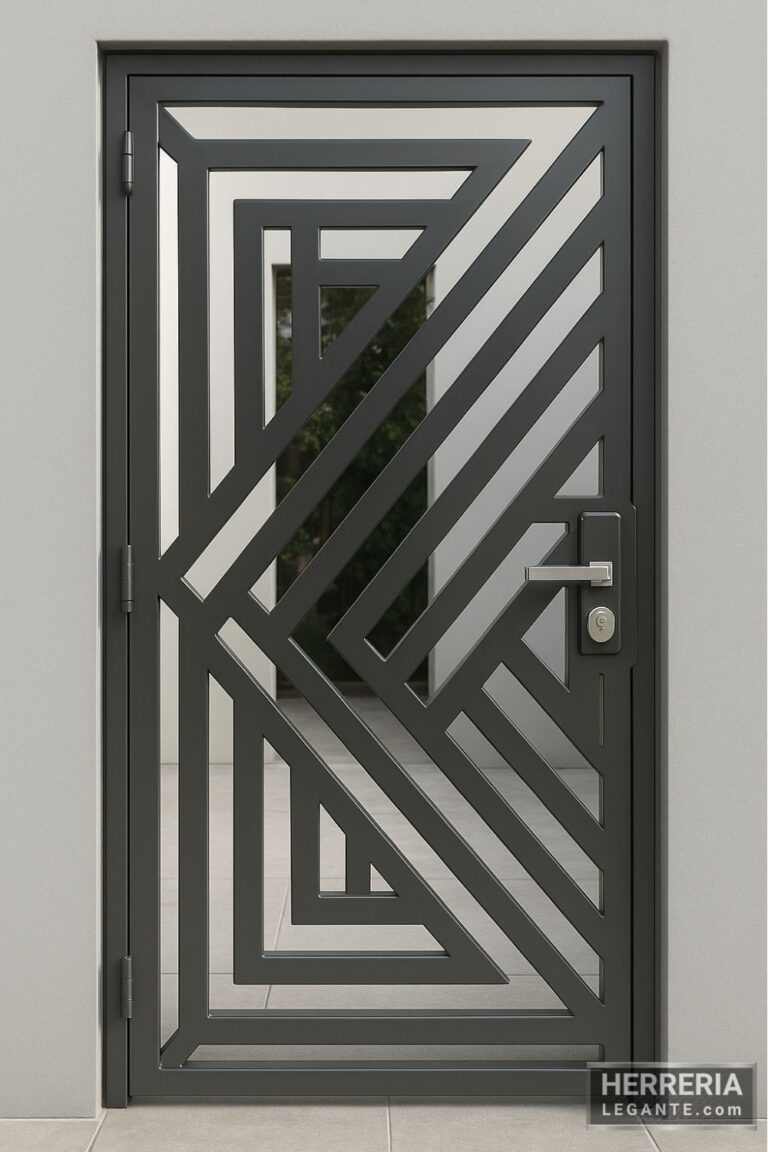 Puerta de herrería exterior con diseño geométrico de líneas diagonales y acabado metálico gris oscuro
