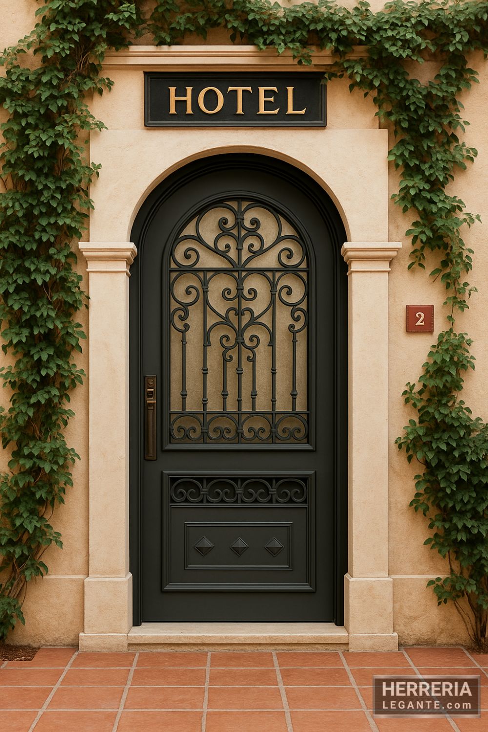 Puerta de herrería con arco y forja decorativa en fachada de hotel boutique de estilo clásico