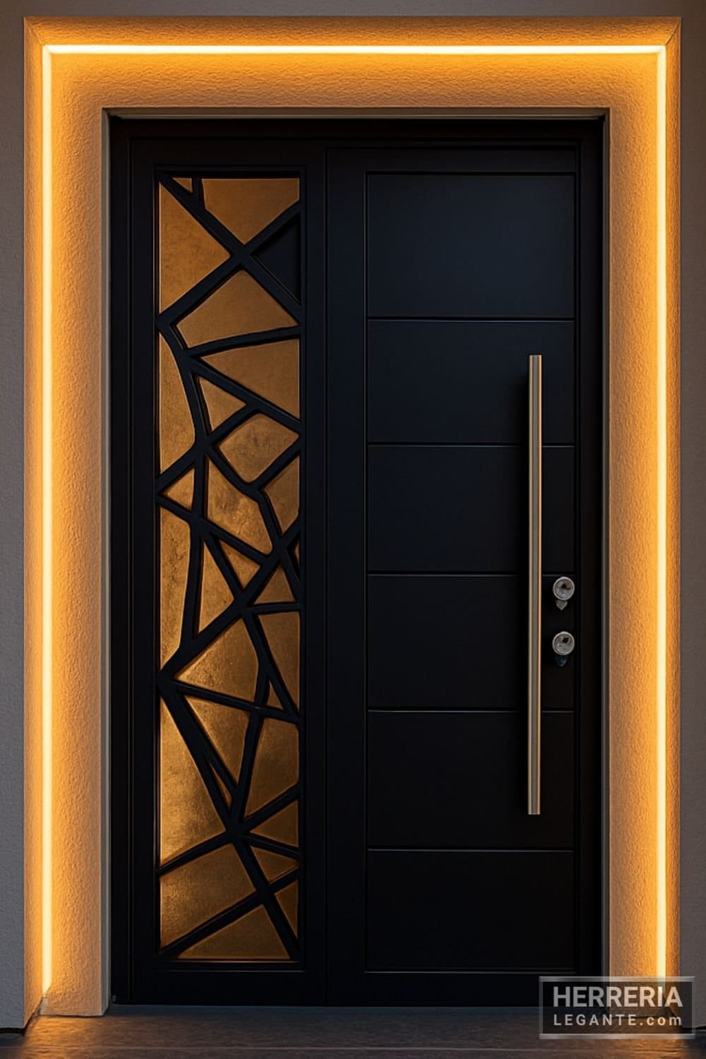 Puerta metálica con vidrio geométrico y luz LED cálida en entrada de casa moderna