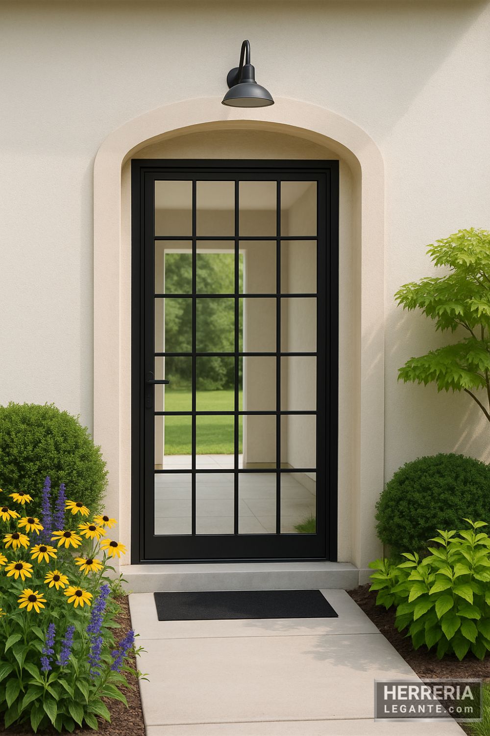 puerta de herrería con vidrio en fachada moderna con jardín frontal