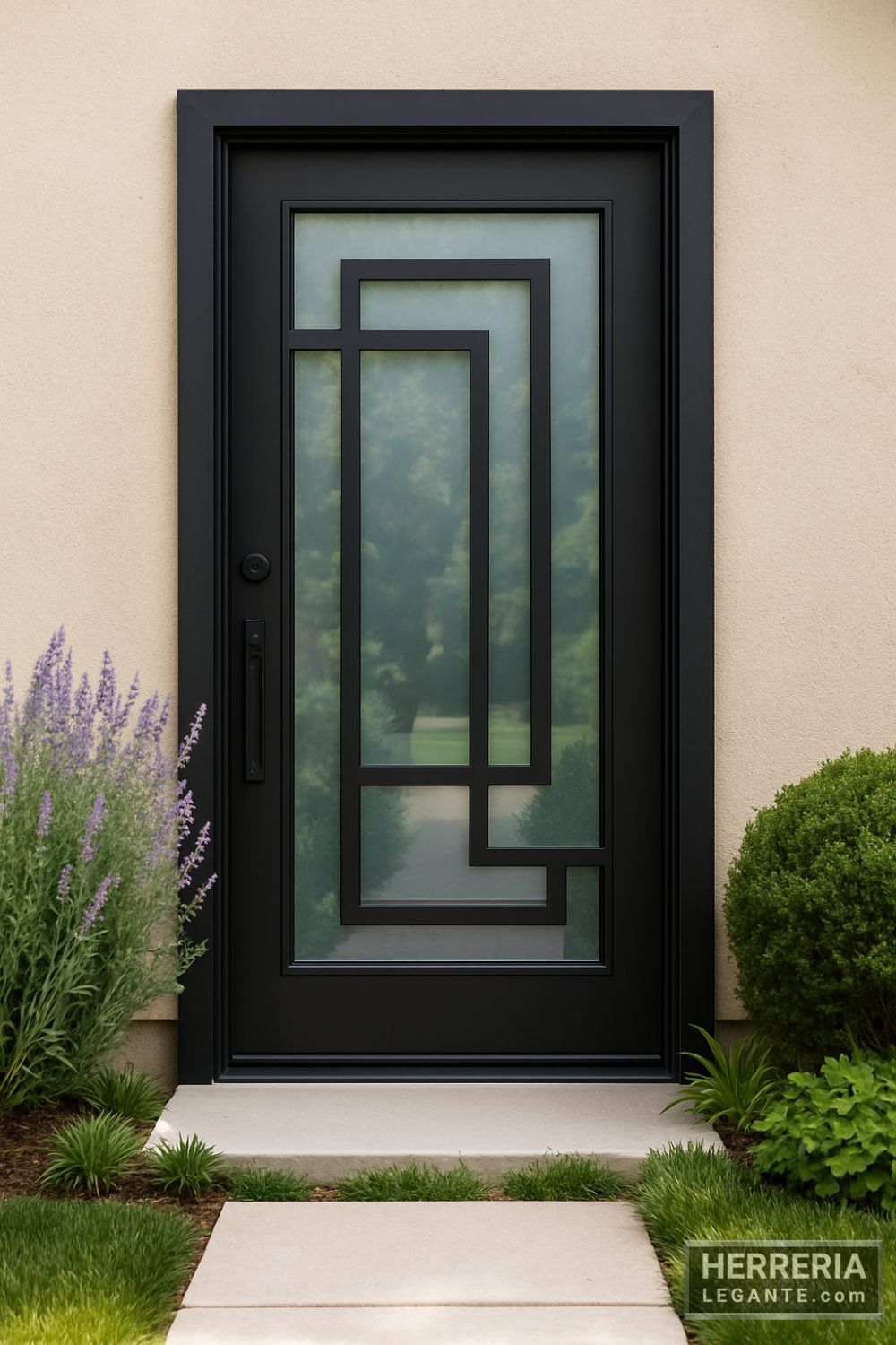 Puerta de herrería moderna con vidrio geométrico en vivienda con jardín frontal y sendero de concreto