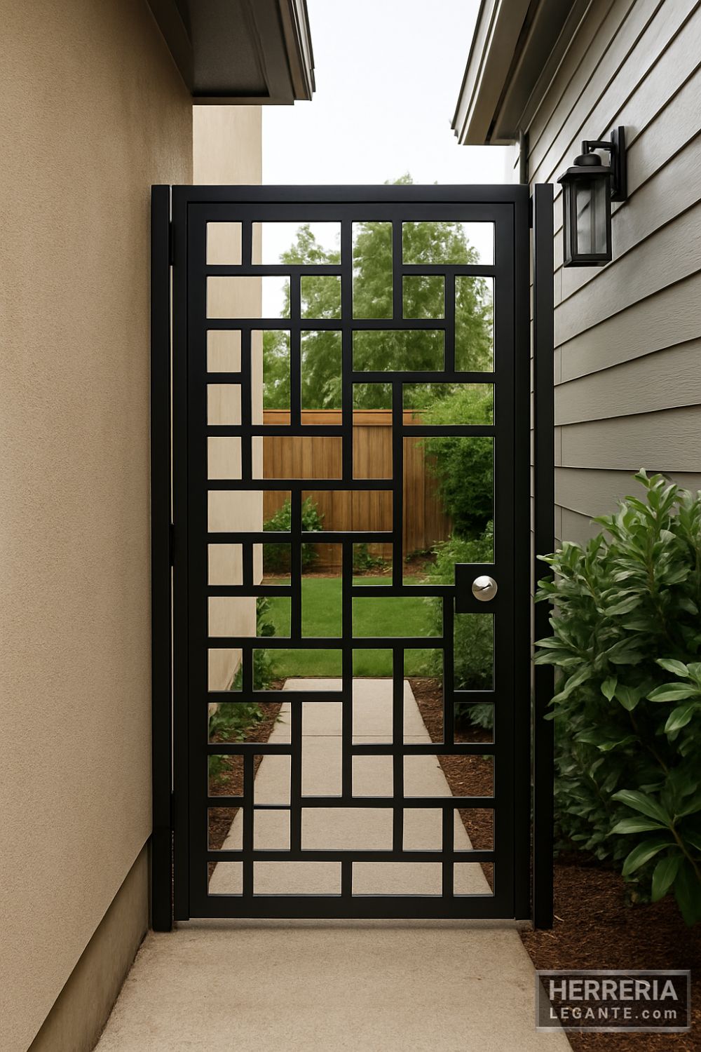 puerta de herrería negra con diseño geométrico en ingreso lateral de vivienda moderna
