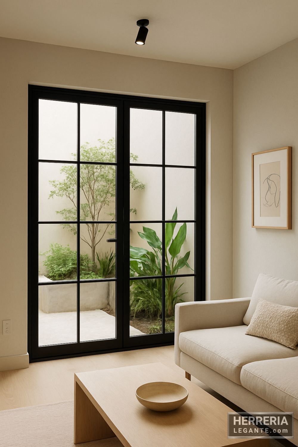 puerta de herrería con vidrio en interior de loft moderno con vista al patio