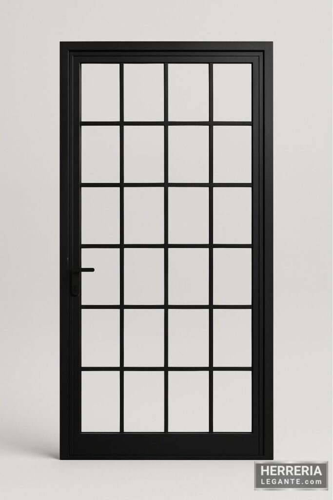 puerta de herrería negra minimalista con retícula de vidrio y fondo gris neutro
