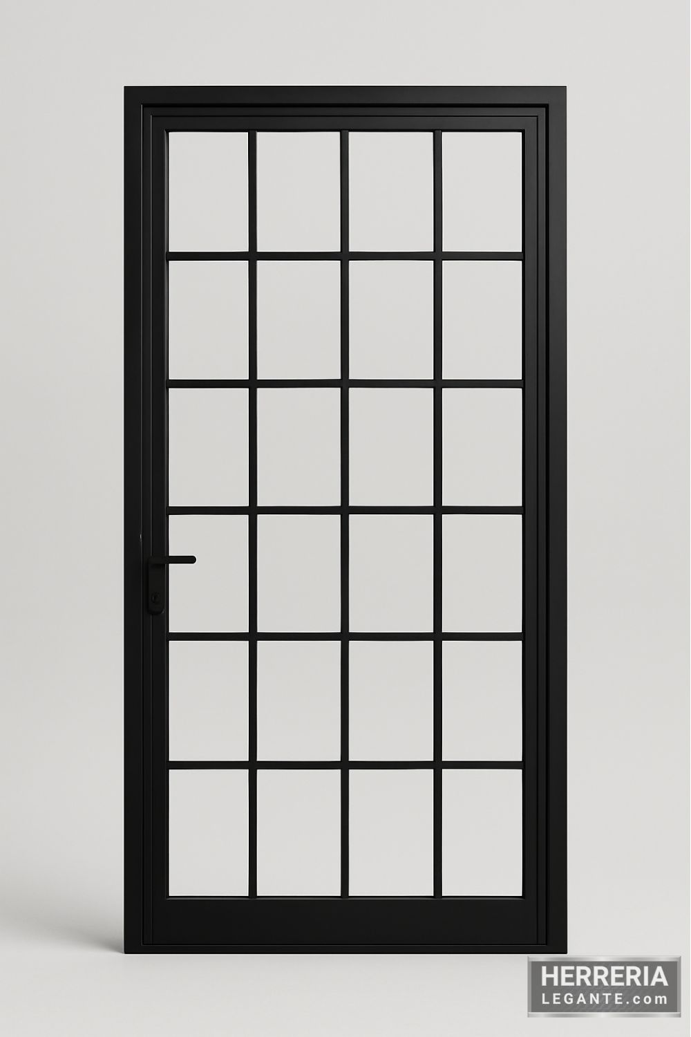 puerta de herrería negra minimalista con retícula de vidrio y fondo gris neutro