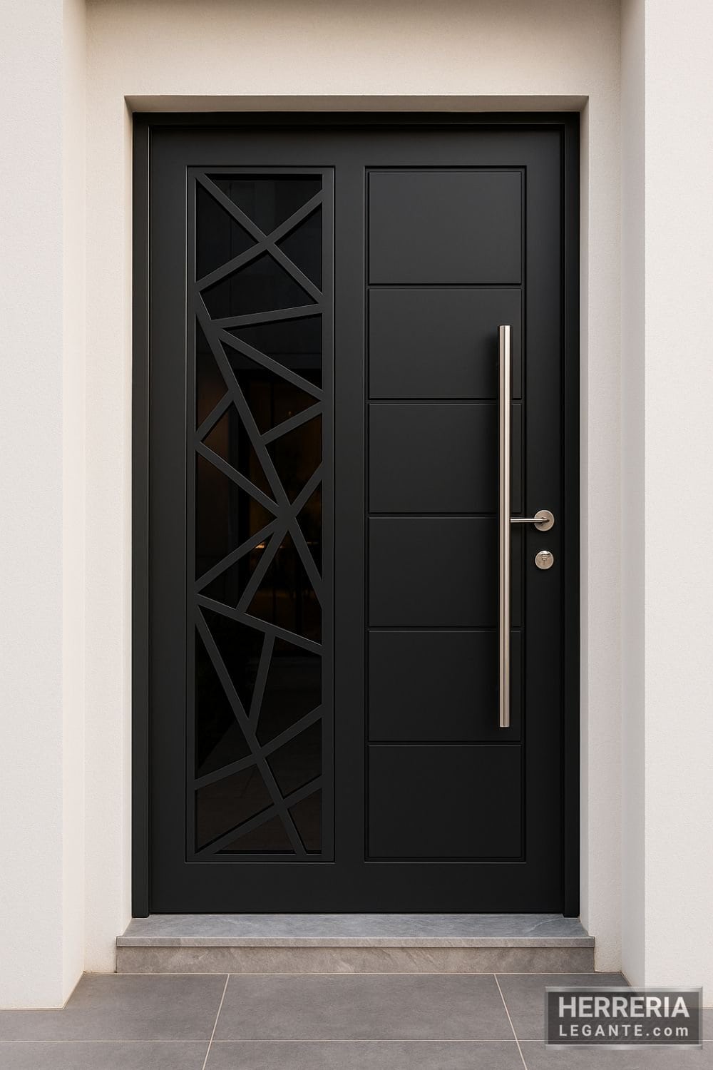 Puerta de herrería con patrón geométrico lateral y tirador largo en entrada principal moderna