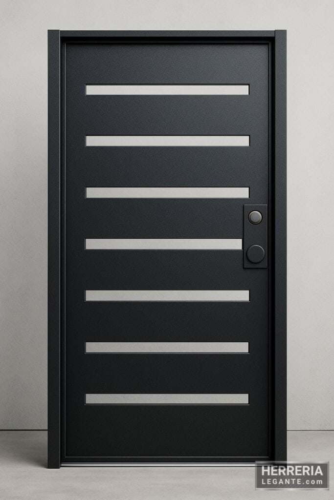 Puerta de herrería moderna color negro con ranuras horizontales para fachada exterior