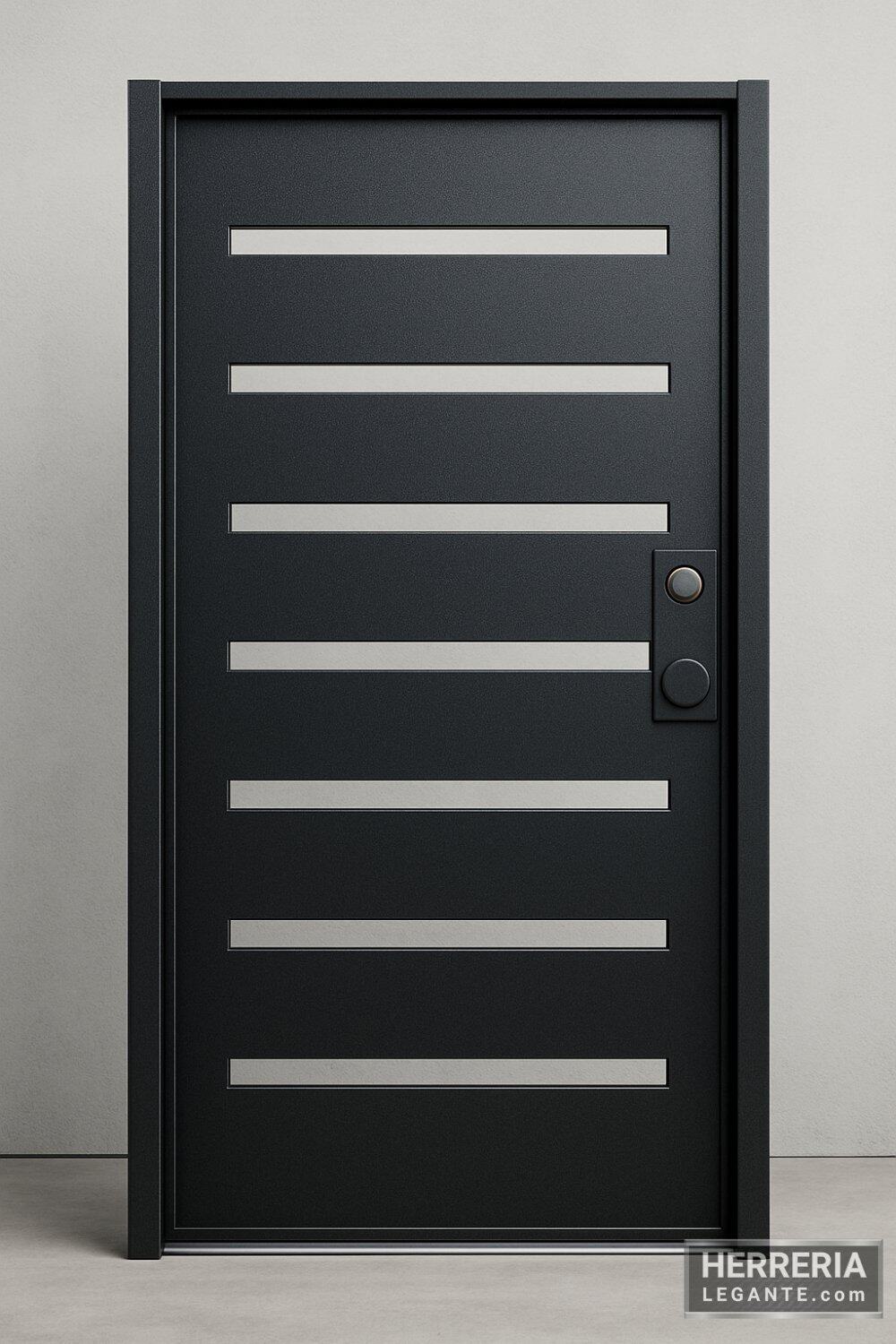 Puerta de herrería moderna color negro con ranuras horizontales para fachada exterior