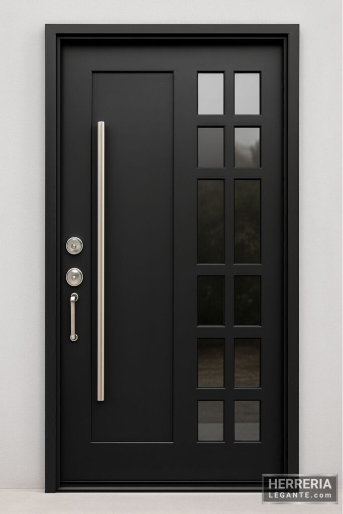 Puerta de herrería negra con panel de vidrios cuadrados y manija metálica vertical en fondo gris claro