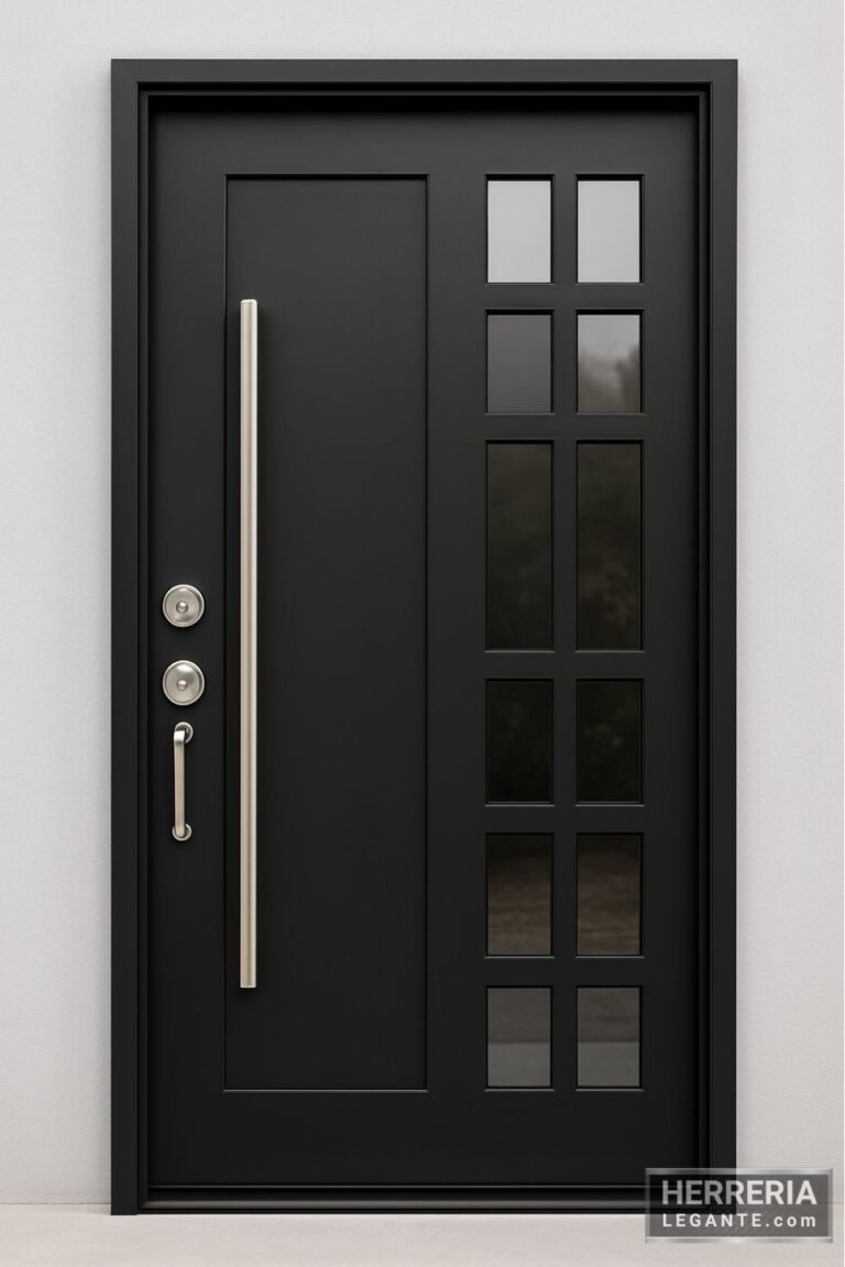 Puerta de herrería negra con panel de vidrios cuadrados y manija metálica vertical en fondo gris claro