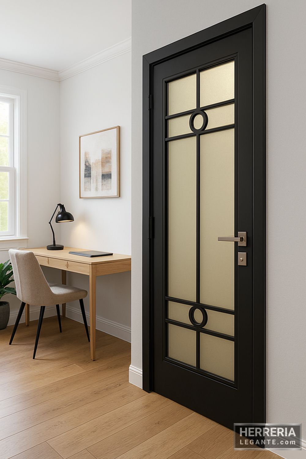 Puerta de herrería negra con vidrio opaco y círculos decorativos instalada en pasillo de oficina moderna con iluminación tenue