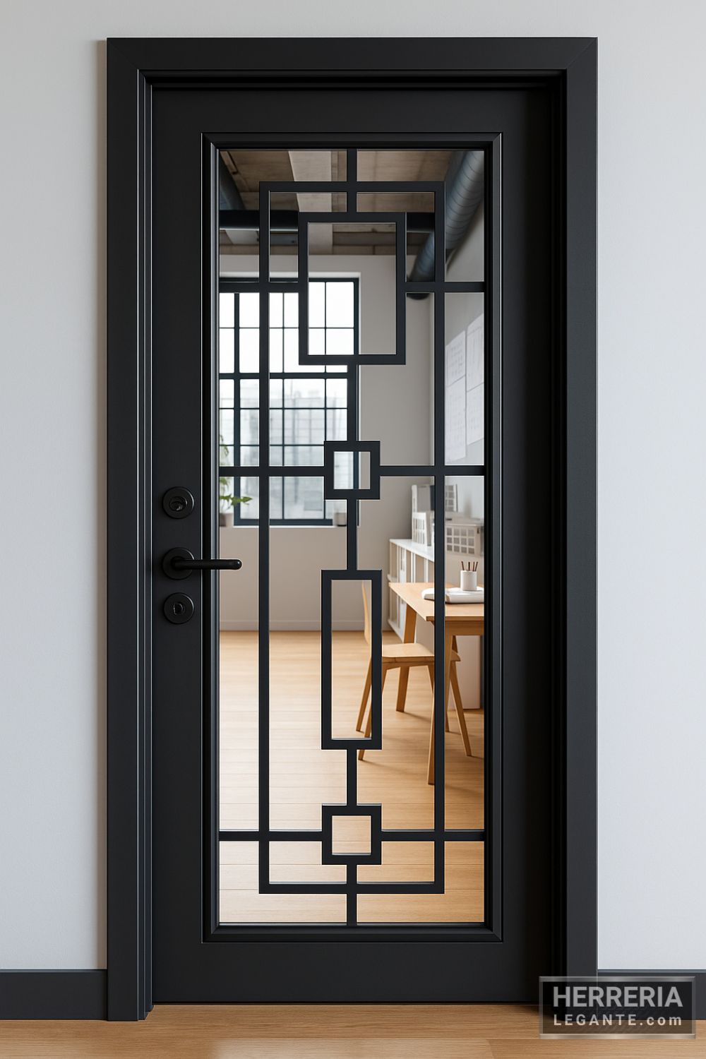 Puerta de herrería negra con vidrio decorativo y patrón de cuadros alineados, instalada en estudio de arquitectura con paredes oscuras y piso de madera clara