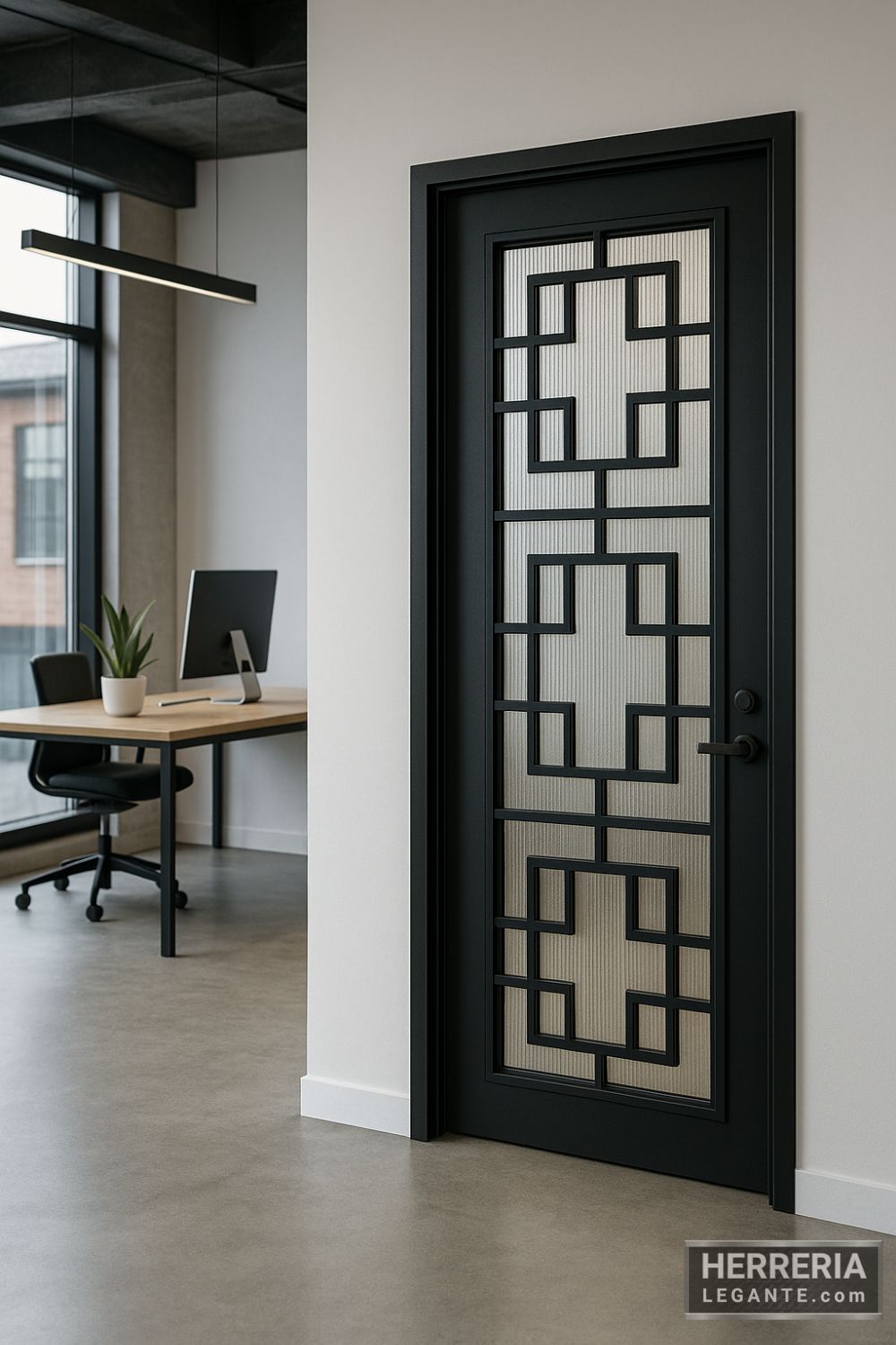 Puerta de herrería negra con vidrio estriado y patrón cuadrado en oficina creativa con escritorio de madera y ventanales industriales