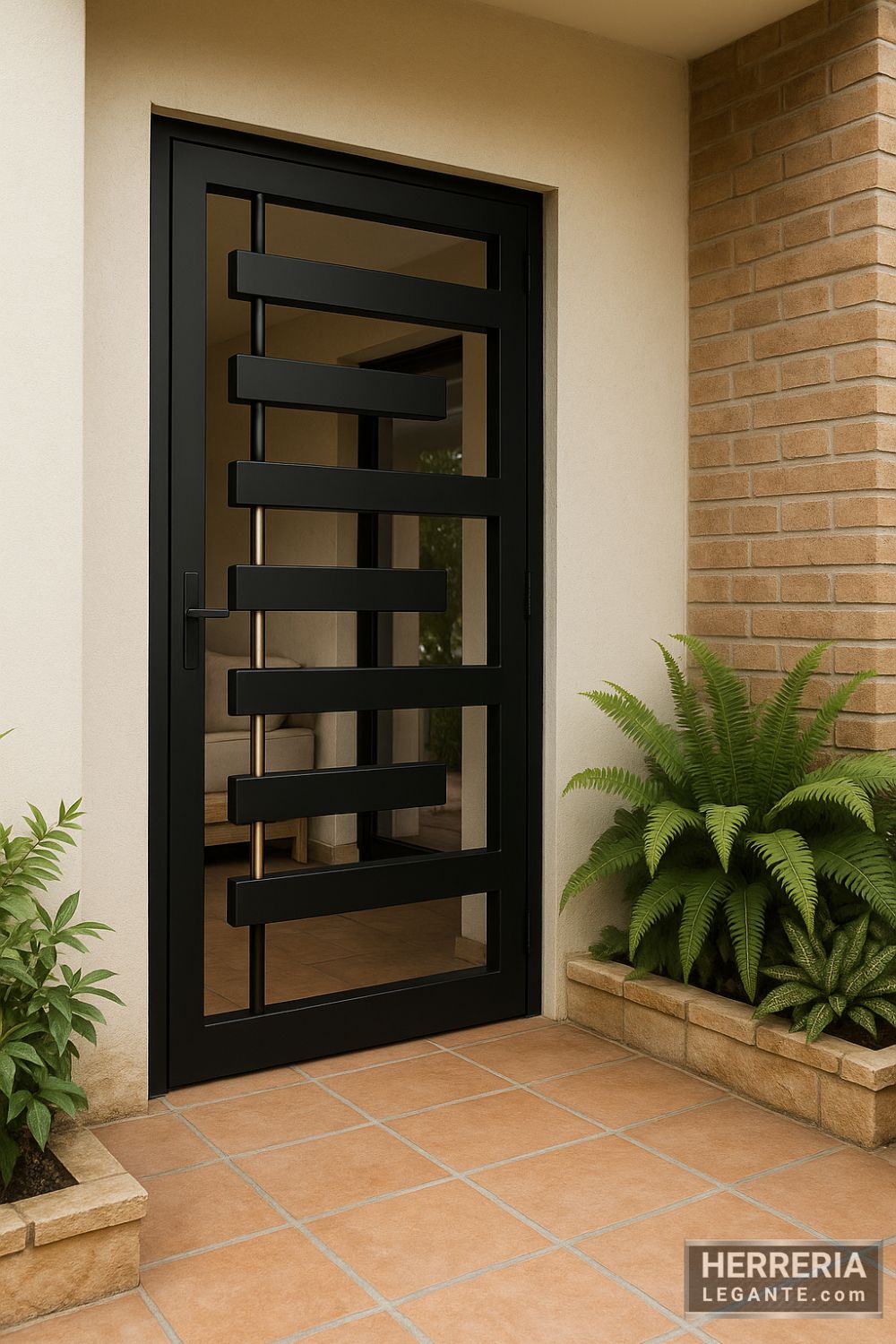 Puerta metálica negra con diseño abierto frente a jardín en patio con piso de cerámica