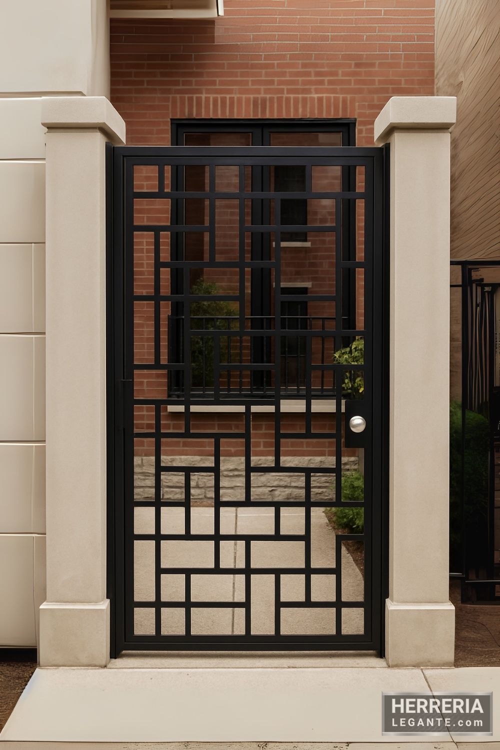 puerta de herrería negra con diseño calado en entrada hacia patio o terraza