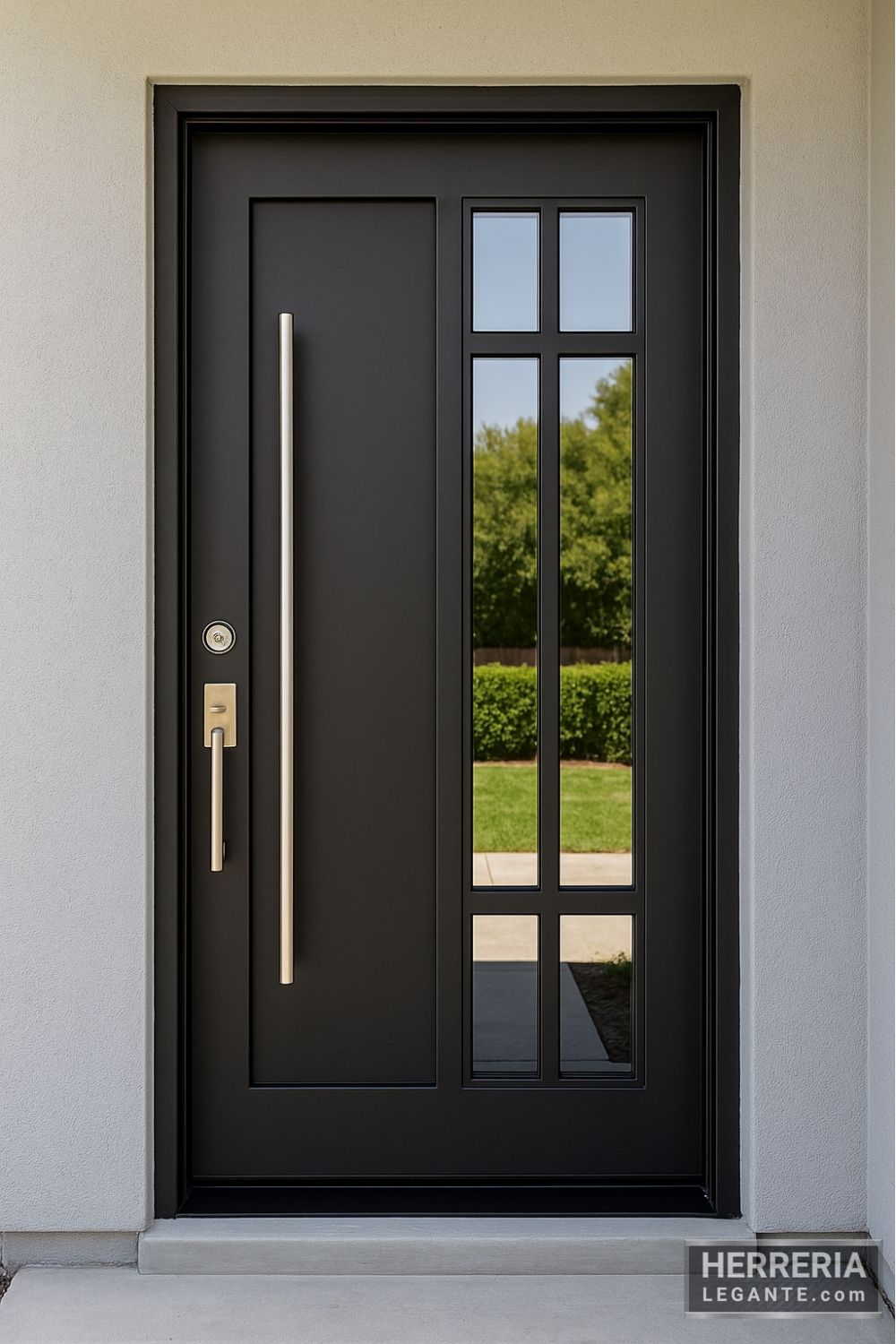 Puerta de herrería moderna con vidrios tipo espejos cuadrados y manija larga en fachada de casa remodelada