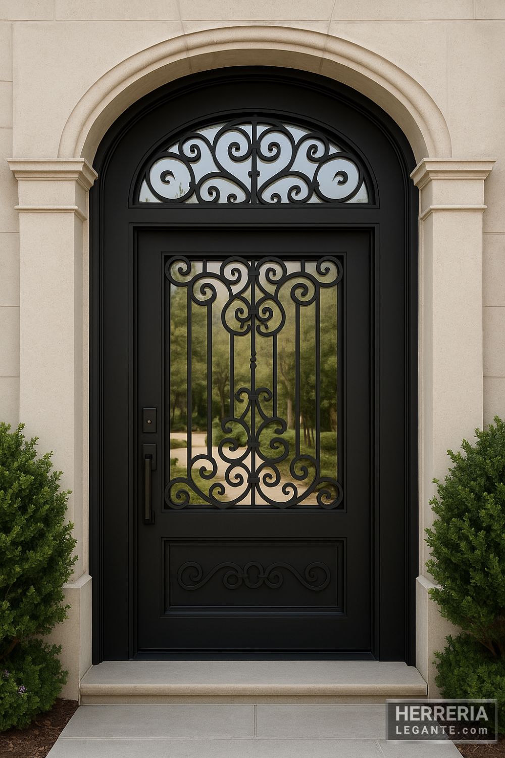 Puerta de herrería negra con arco y forja elegante en fachada de casa de alta gama rodeada de jardines