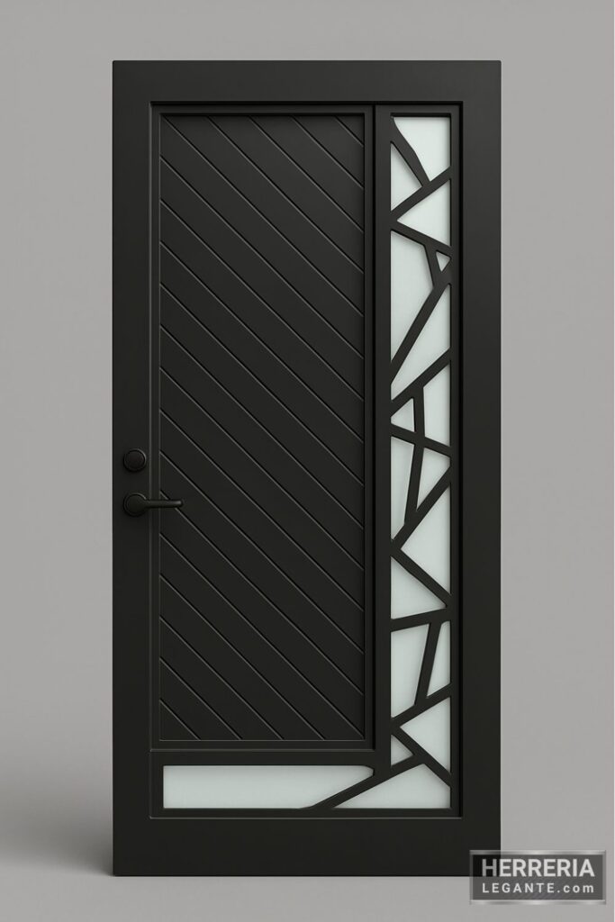 Puerta negra de herrería con líneas diagonales y diseño geométrico en vidrio esmerilado