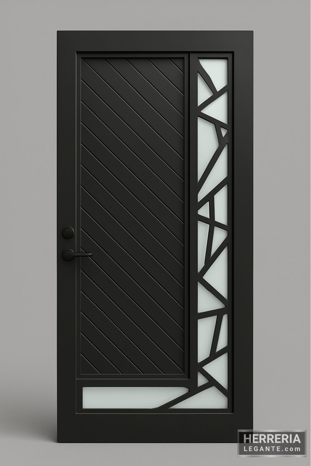 Puerta negra de herrería con líneas diagonales y diseño geométrico en vidrio esmerilado
