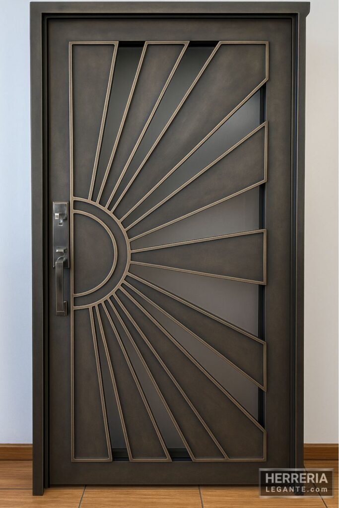 Puerta de una hoja en hierro con acabado bronce envejecido y diseño radial sobre vidrio esmerilado