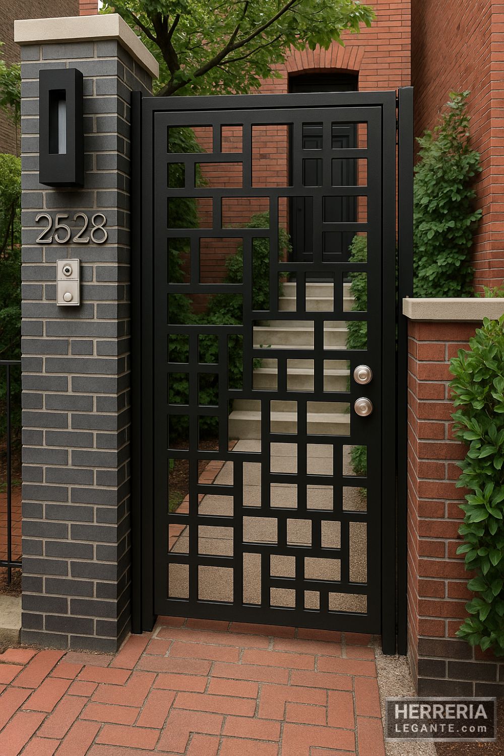 puerta de herrería negra con patrón geométrico en entrada exterior urbana