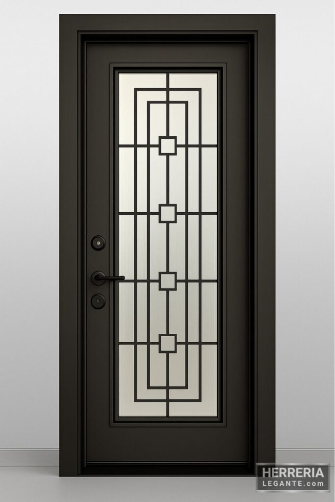 Puerta de herrería negra con vidrio decorativo y diseño geométrico de cuadros concéntricos alineados verticalmente, vista frontal con fondo neutro