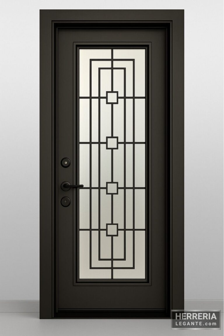 Puerta de herrería negra con vidrio decorativo y diseño geométrico de cuadros concéntricos alineados verticalmente, vista frontal con fondo neutro