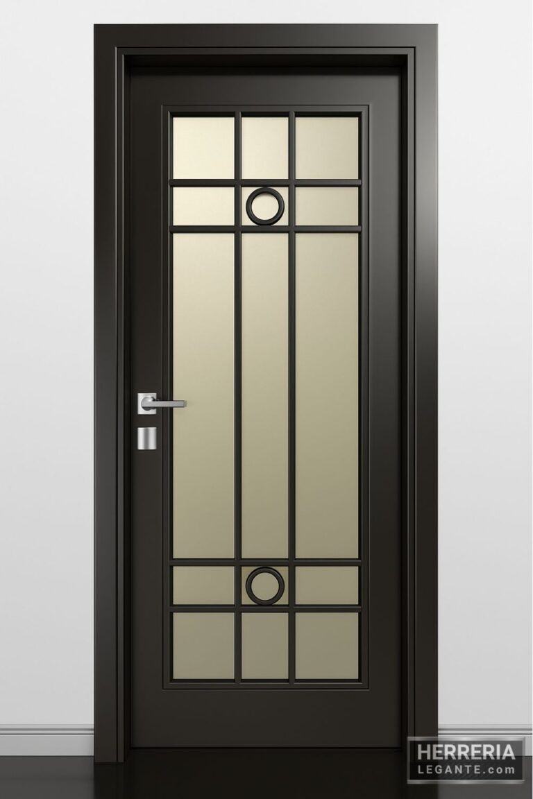 Puerta de herrería negra con vidrio esmerilado y detalles circulares, vista frontal con fondo neutro