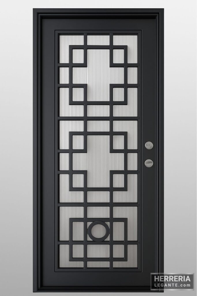 Puerta de herrería negra con vidrio estriado y diseño de cuadros simétricos, vista frontal con fondo neutro