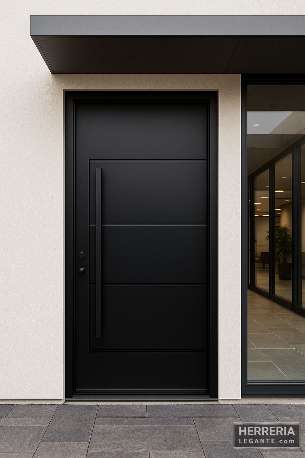 Puerta de herrería negra con diseño limpio en fachada de vivienda moderna y aislada