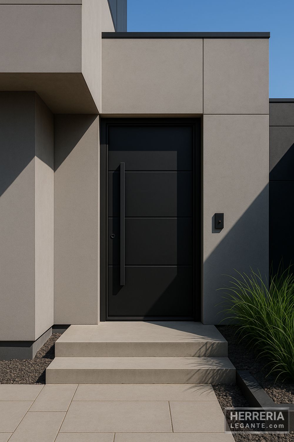 Puerta negra minimalista en casa de arquitectura cúbica y líneas limpias