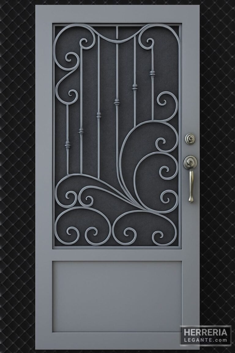 Puerta liviana de hierro forjado con diseño curvo y manija dorada sobre fondo negro de reja metálica