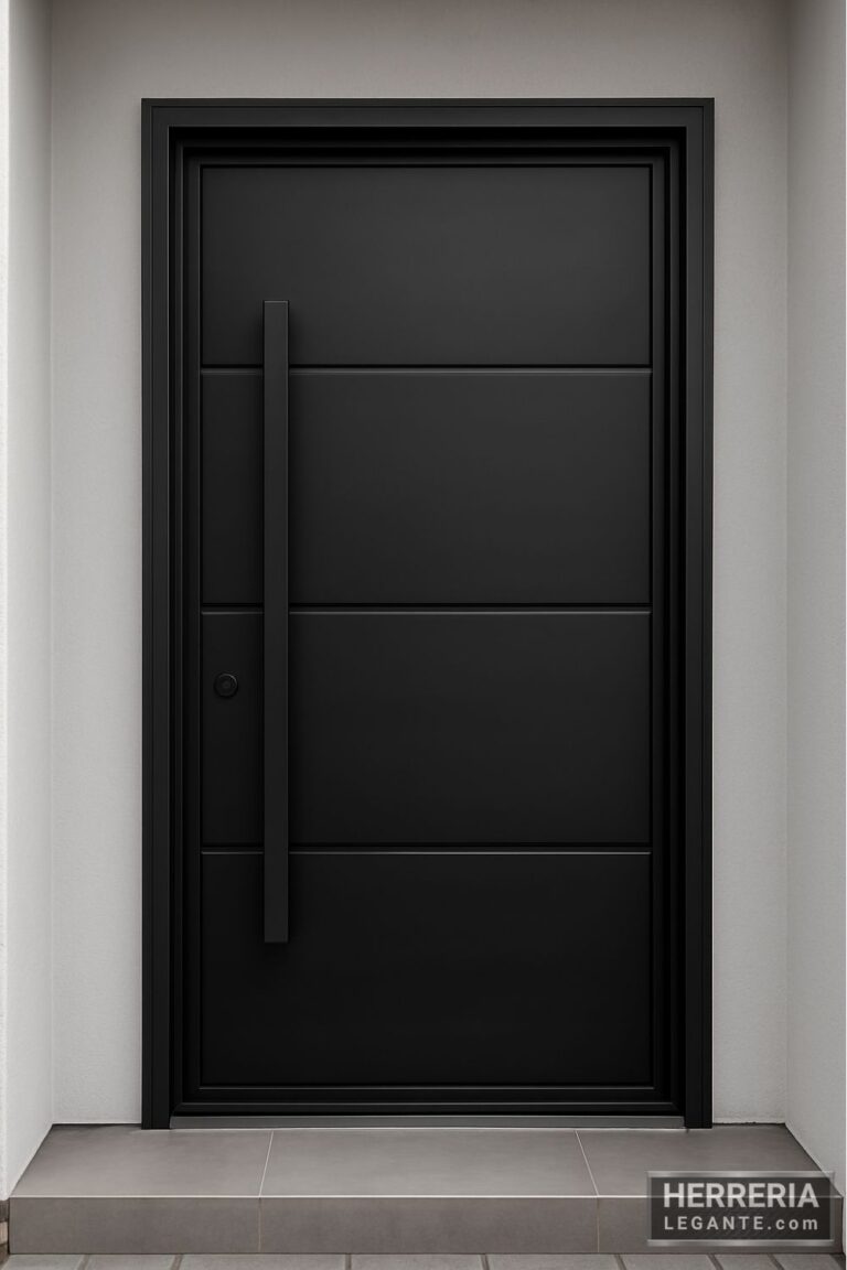 Puerta de hierro negra con manija vertical extralarga en fachada moderna de líneas limpias
