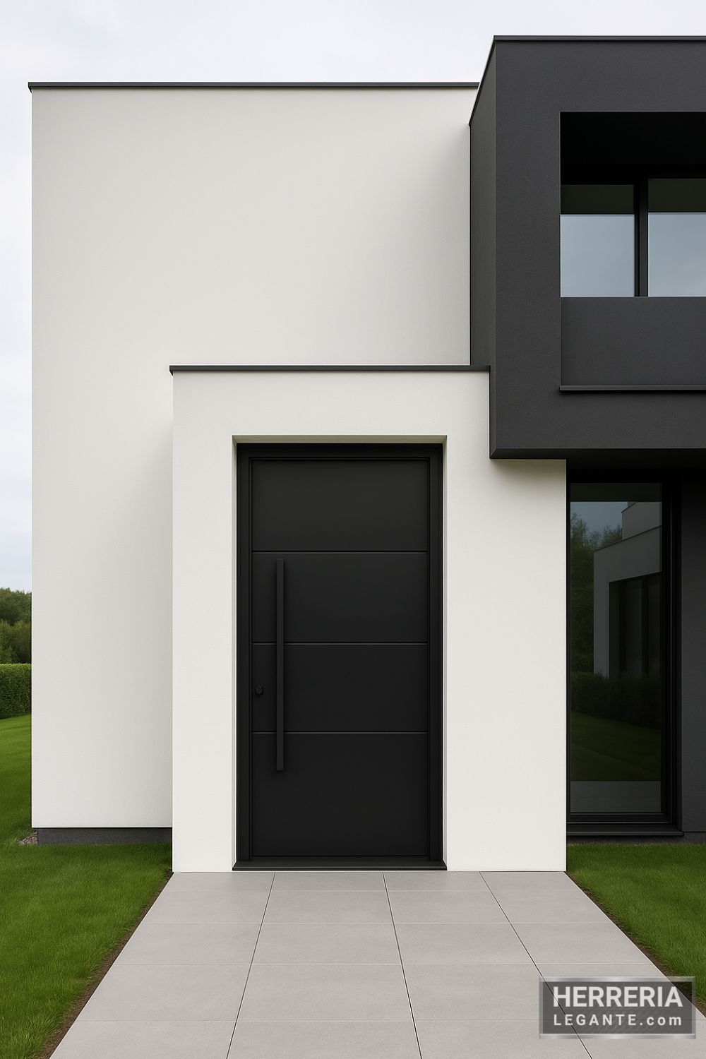 Puerta negra de hierro con diseño minimalista en entrada de oficina de estilo contemporáneo