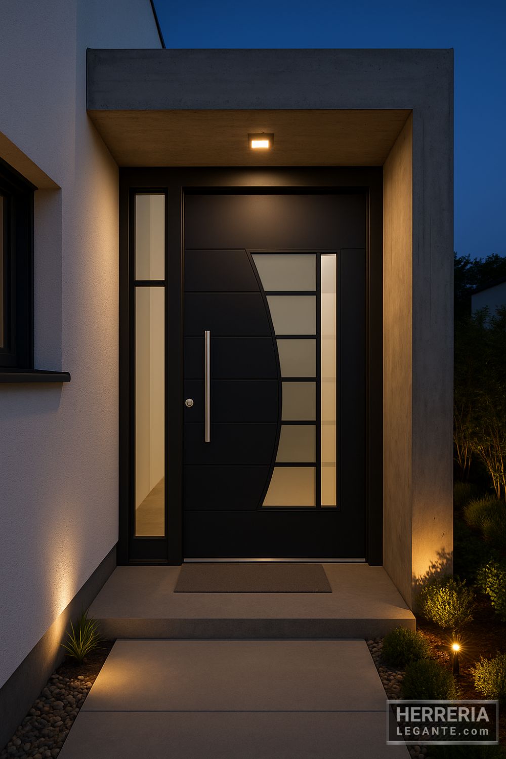 Puerta negra con diseño curvo y vidrio, en entrada moderna con iluminación embutida y pórtico de concreto