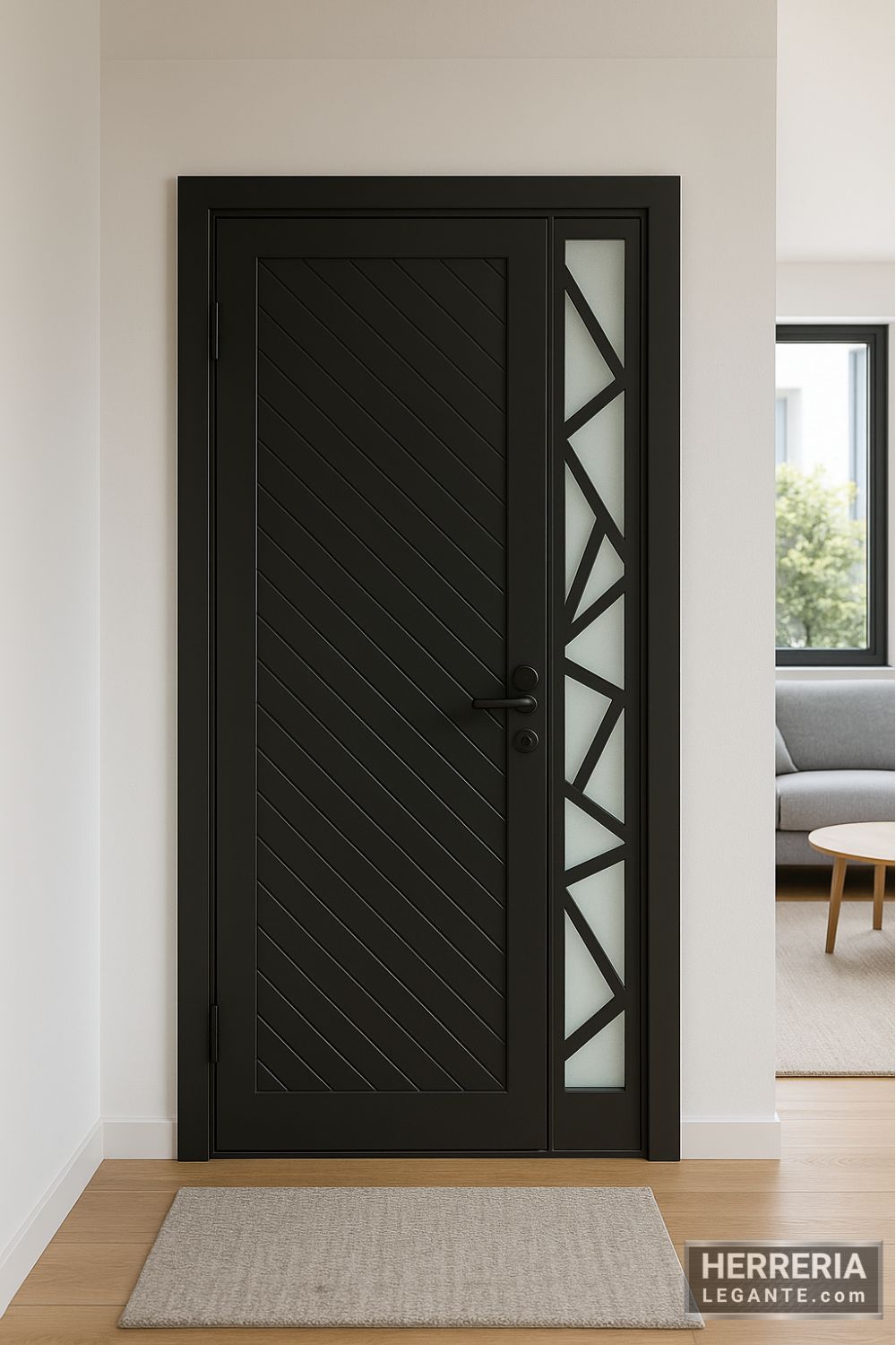 Puerta negra con panel decorativo lateral en interior de departamento moderno