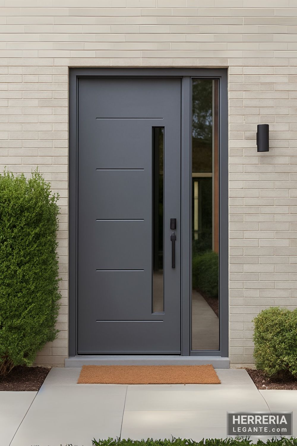 Puerta de herrería gris oscura con franja de vidrio instalada en acceso lateral de vivienda moderna