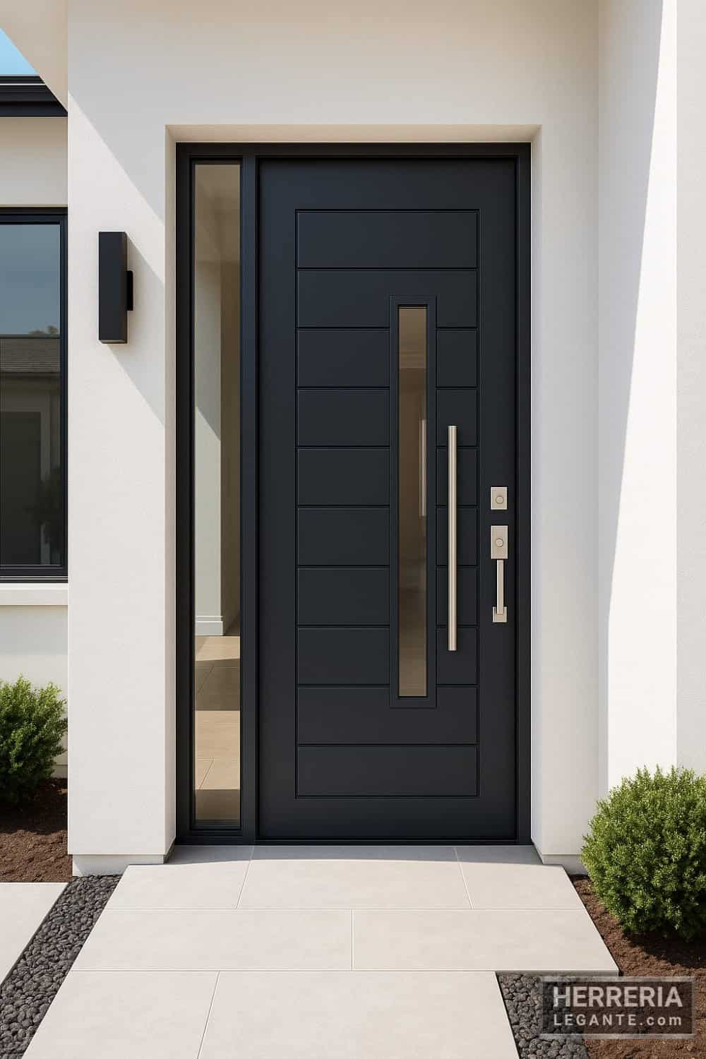 Puerta metálica con vidrio vertical instalada en entrada principal de casa contemporánea
