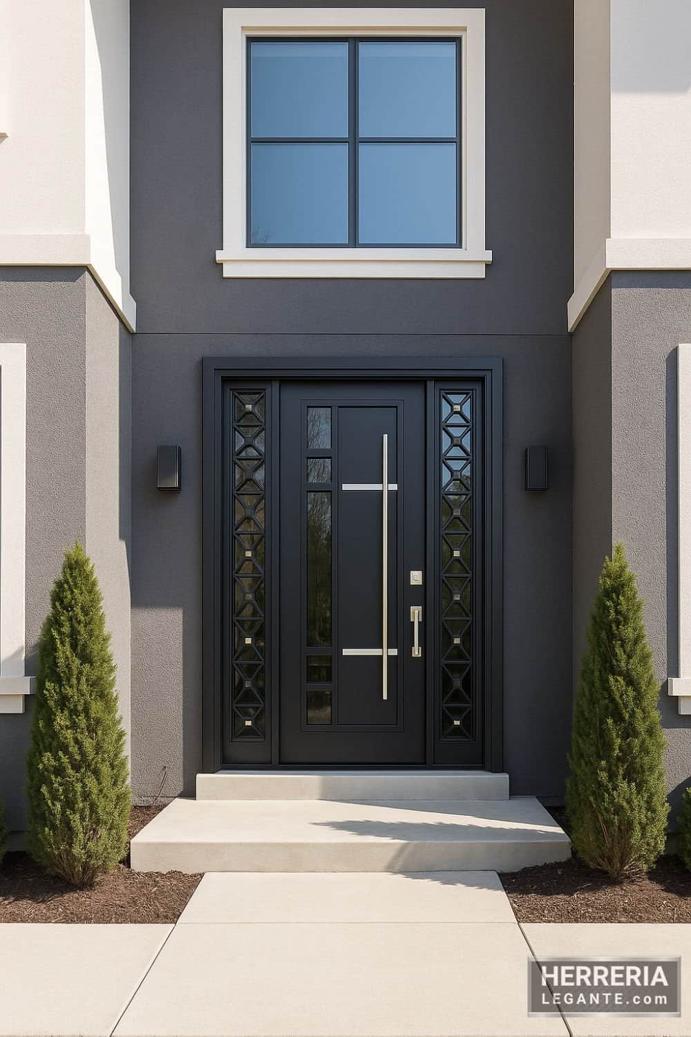 Puerta de herrería negra con paneles de vidrio y diseño geométrico en entrada de vivienda alta moderna