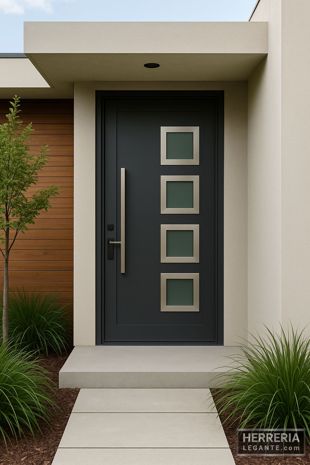 Puerta de herrería moderna instalada en vivienda minimalista con fachada clara y detalles en madera