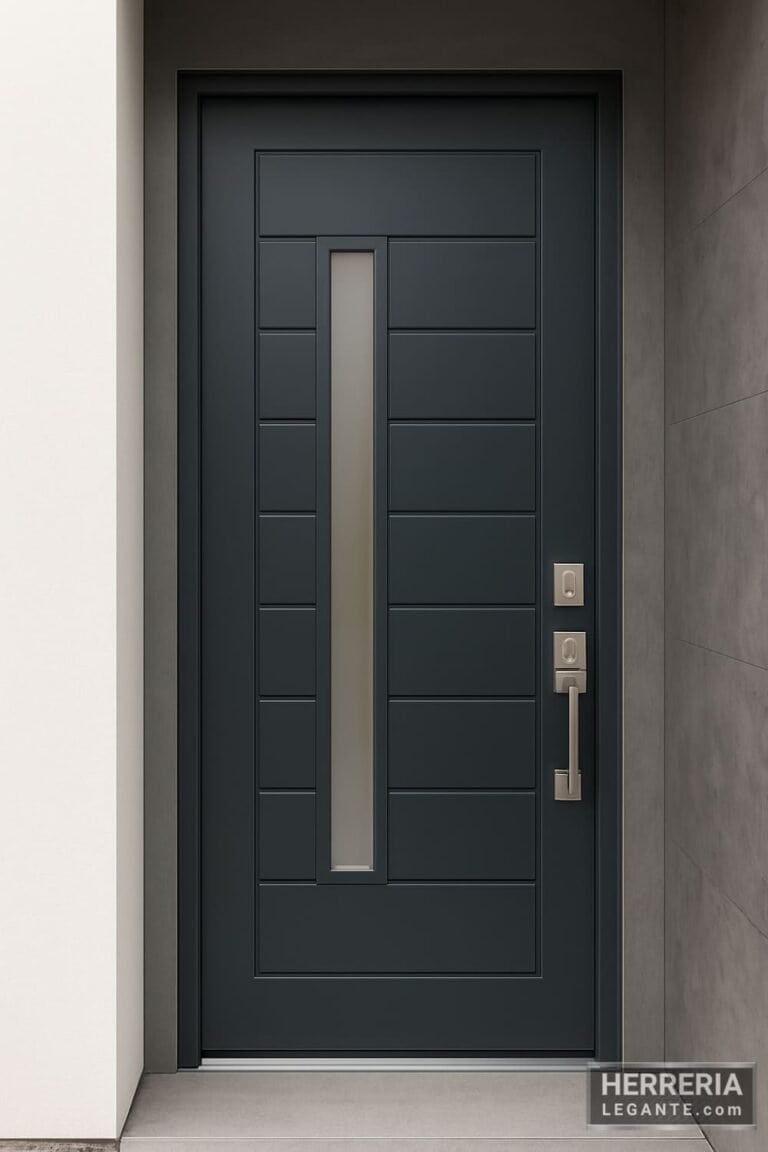 Puerta de herrería moderna con líneas horizontales, vidrio vertical y manija metálica