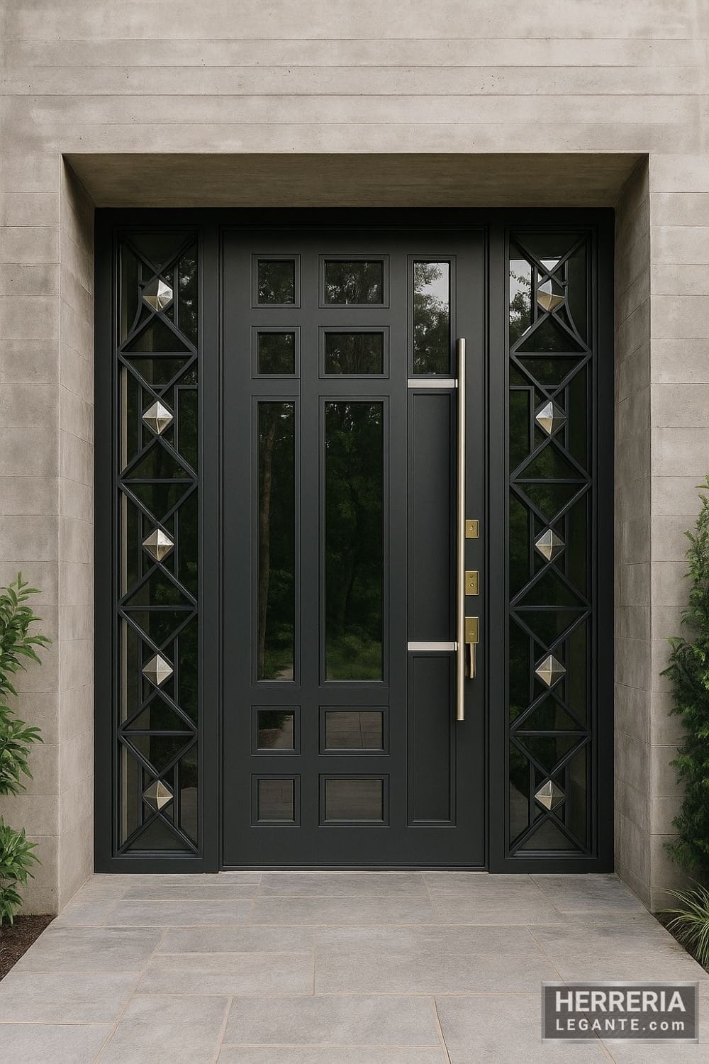 Puerta metálica negra con laterales de vidrio y marco de concreto visto en entrada moderna minimalista