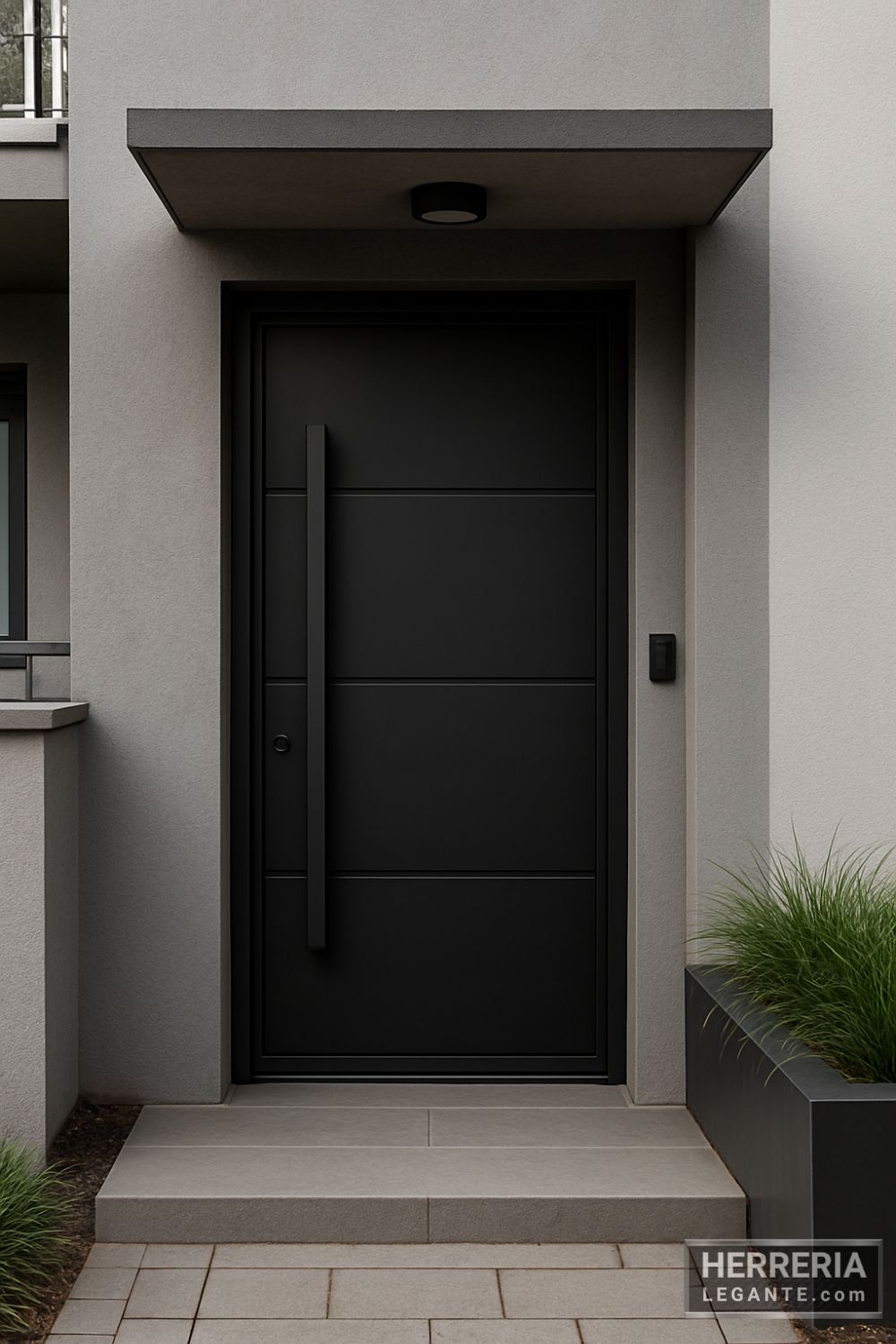 Puerta negra minimalista con manija vertical en fachada de departamento urbano pequeño