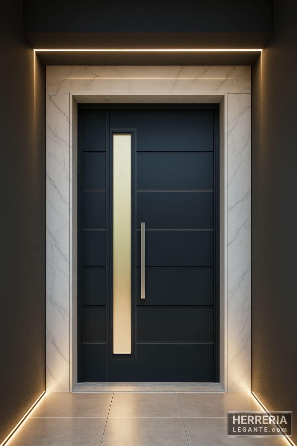 Puerta metálica moderna con vidrio y marco de mármol en fachada de lujo