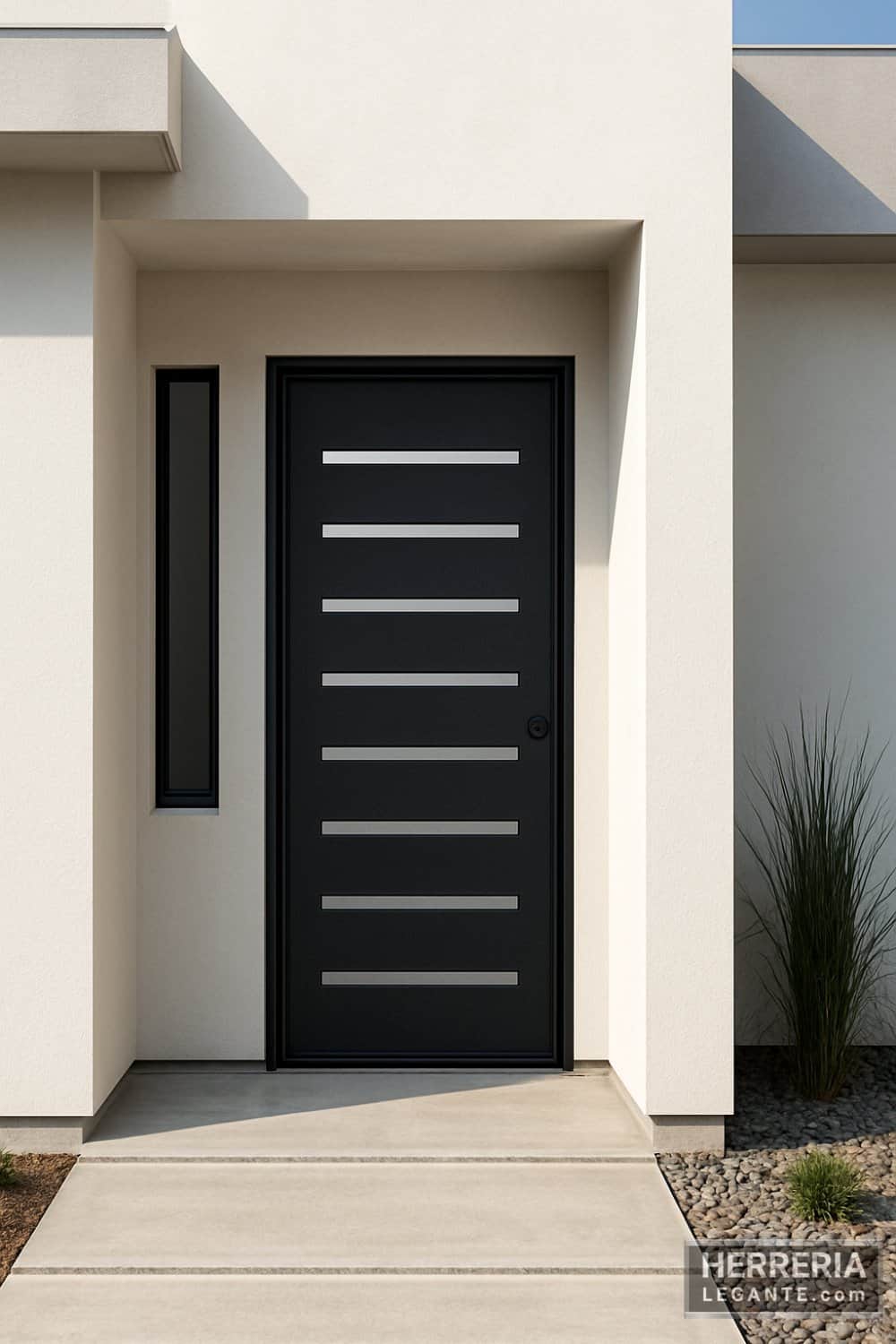 Puerta negra de herrería con franjas horizontales en muro blanco de estilo moderno minimalista