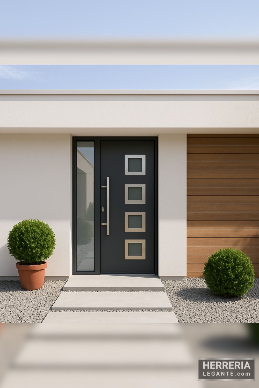 Fachada de casa minimalista con puerta de herrería moderna y detalles en madera