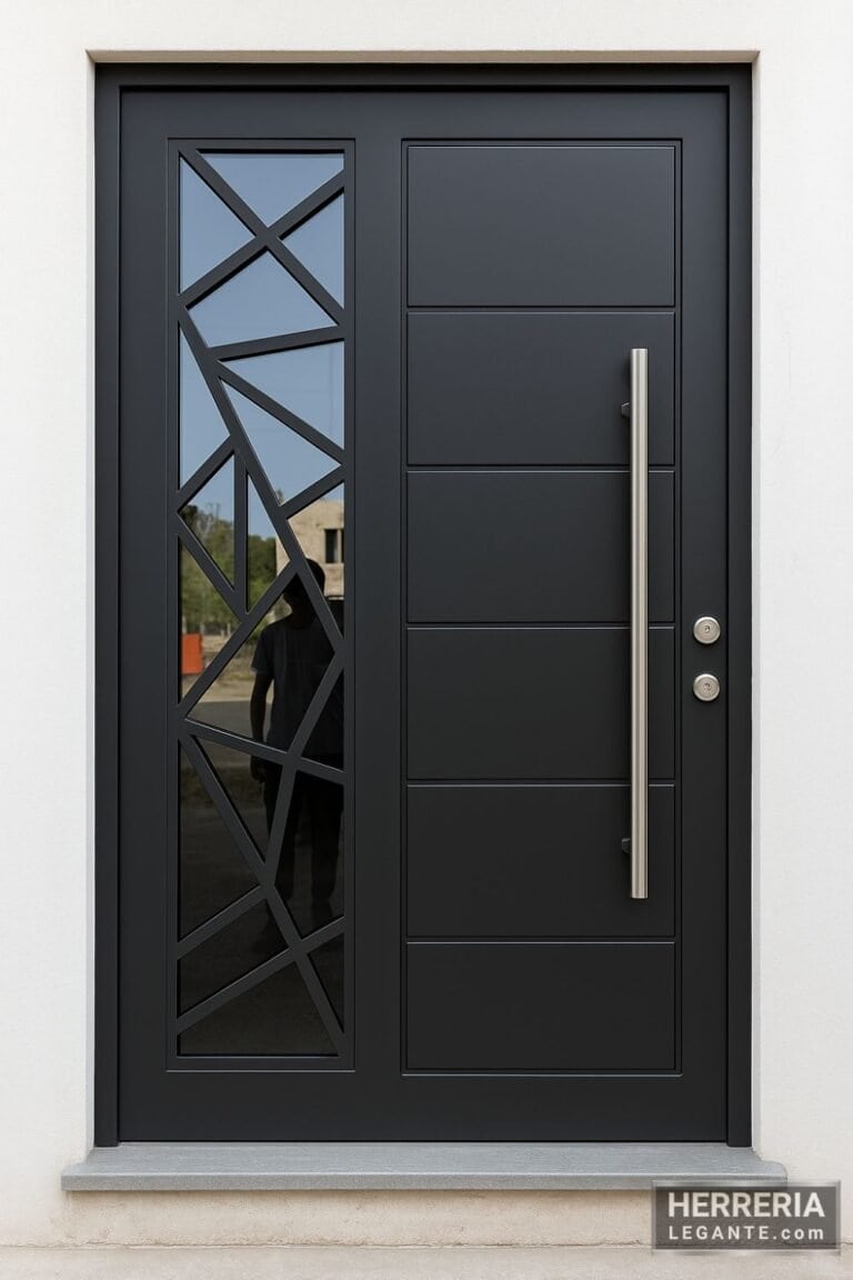 Puerta moderna de metal con panel decorativo de líneas geométricas y vidrio lateral