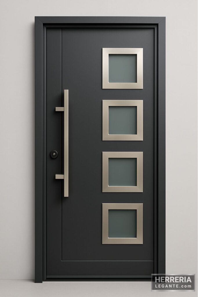 Puerta de herrería moderna con recuadros metálicos y vidrio esmerilado, acabado grafito satinado