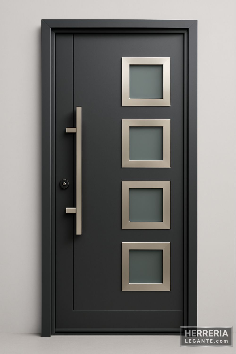 Puerta de herrería moderna con recuadros metálicos y vidrio esmerilado, acabado grafito satinado