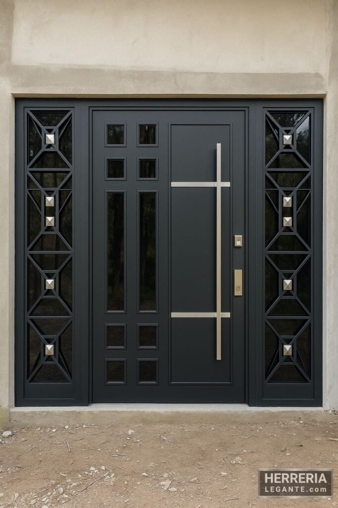 Puerta de herrería negra con diseño geométrico, vidrio templado y manija vertical en entrada grande